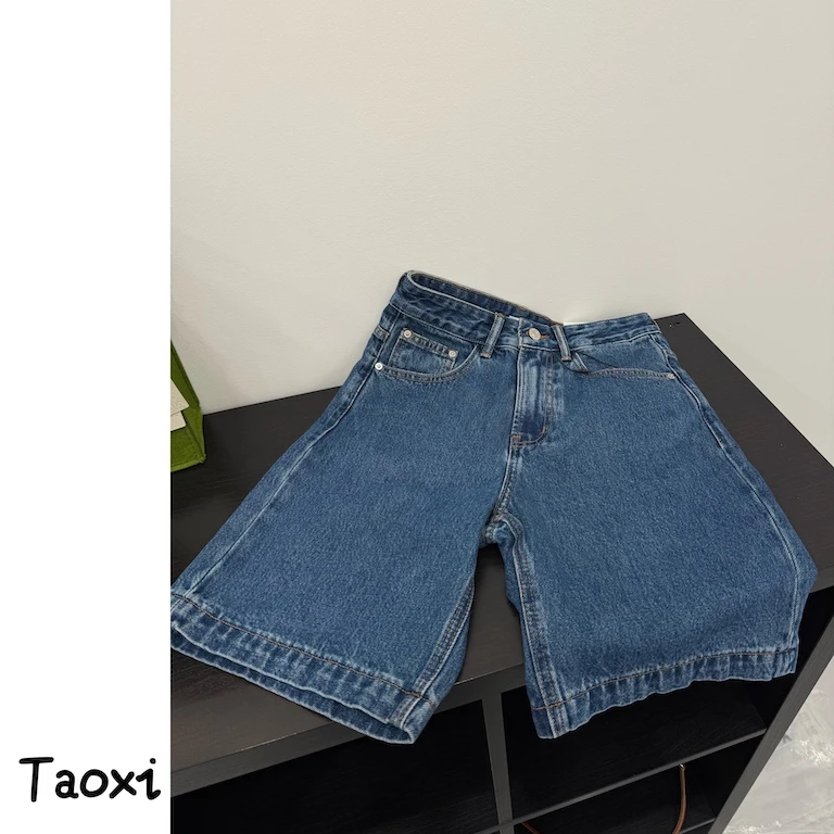 Taoxi【50129】代嘉儿春夏新款五分中裤高腰蓝色阔腿显瘦A字裤宽松