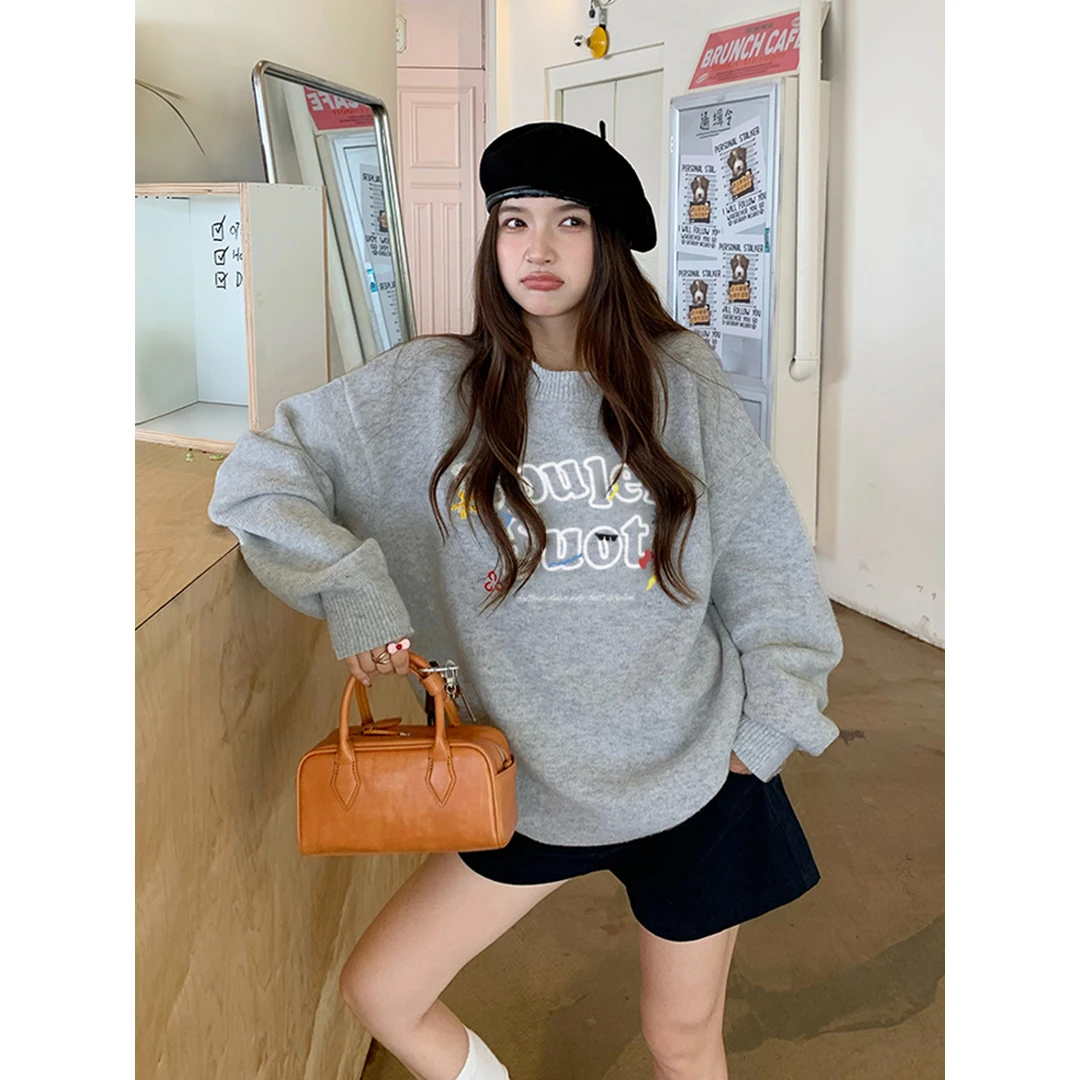 美式复古休闲灰色毛衣女秋冬宽松慵懒风设计感小众圆领上衣