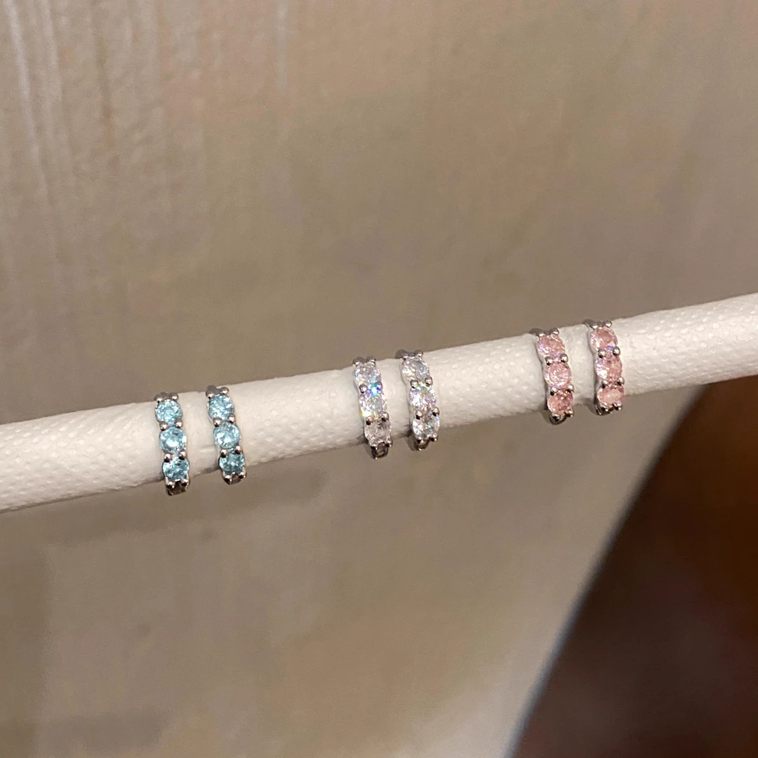 钛钢耳饰 彩色锆石耳扣双耳洞耳圈女超闪百搭小众设计感小巧耳环