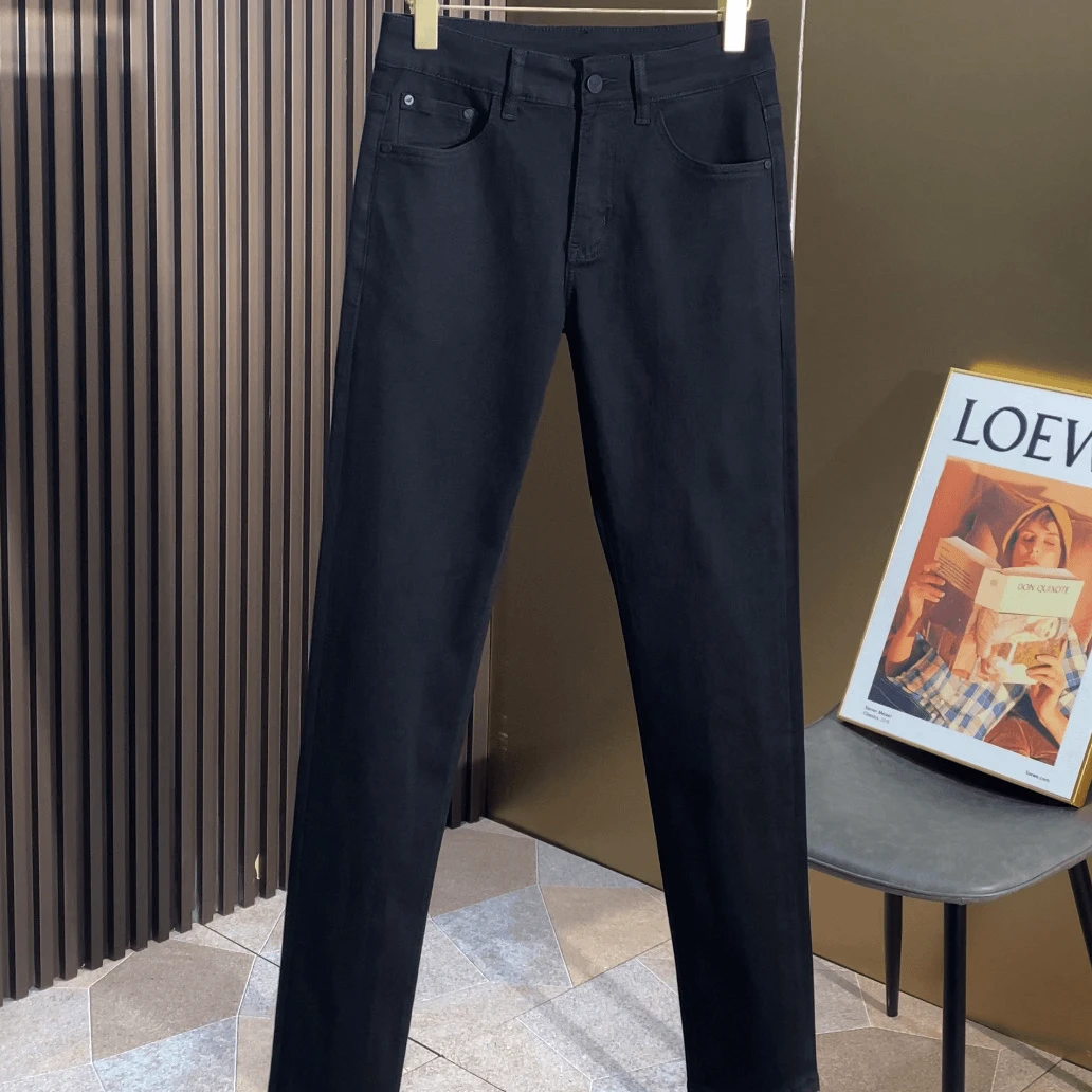 秋冬厚款磨毛纯黑男士牛仔裤修身小直筒时尚弹力百搭保暖显瘦长裤