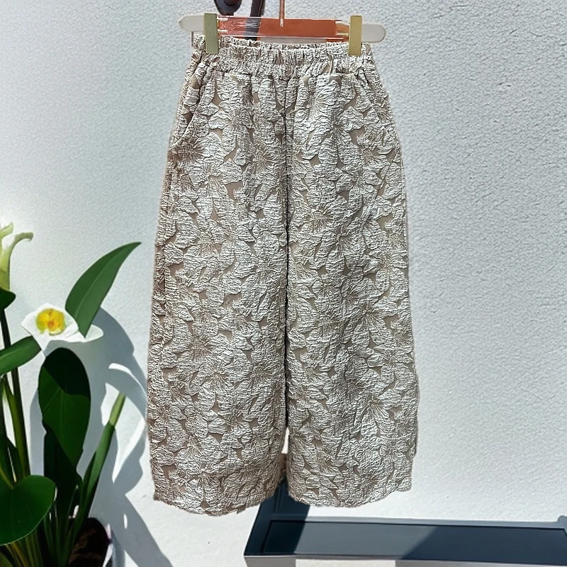 【清秀】棉麻提花阔腿裤