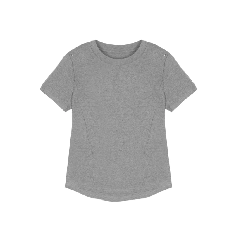 圆领设计感鱼骨线百搭短袖t恤女2025夏新款纯色弹力修身垫肩短袖