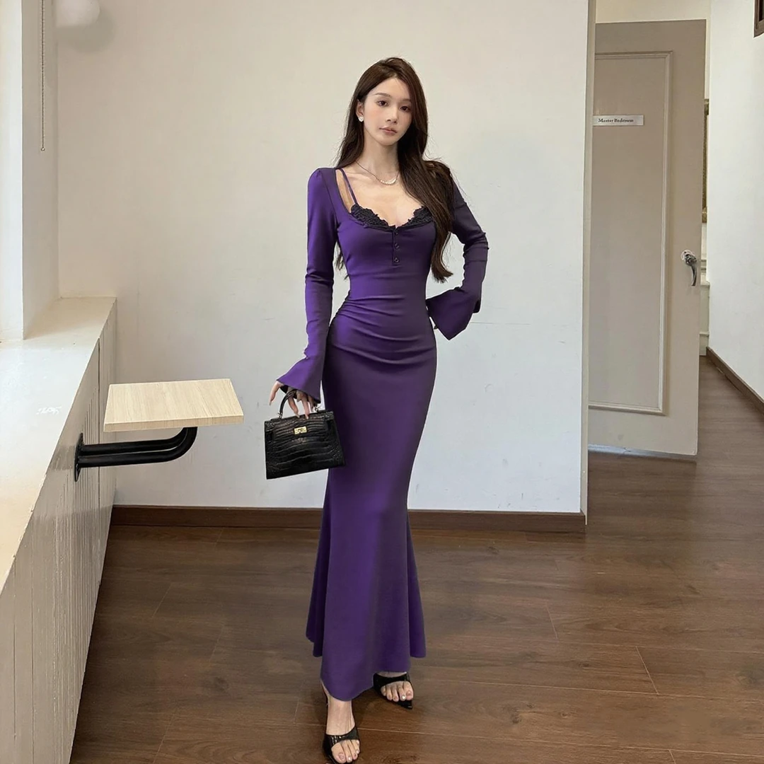 纯欲性感假两件紫色长裙女2025秋季新款捏褶收腰连衣裙