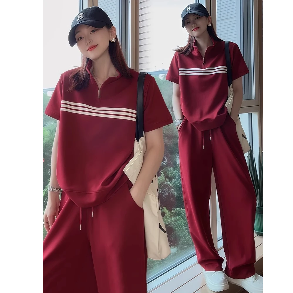 048独特高级感休闲运动服套装女2025夏季新款立领短袖上衣两件套