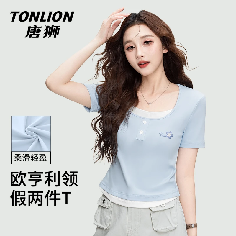 唐狮蓝色短袖女2025新款夏季假两件正肩上衣学生百搭短款修身t恤