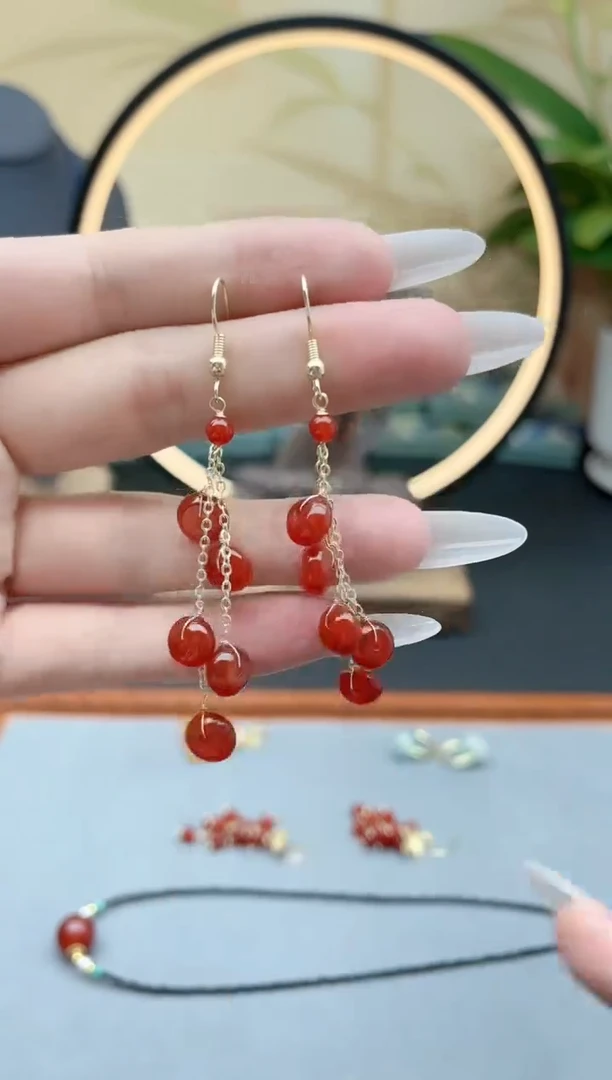 玛瑙/玉髓耳饰银S925镶嵌1算盘珠红