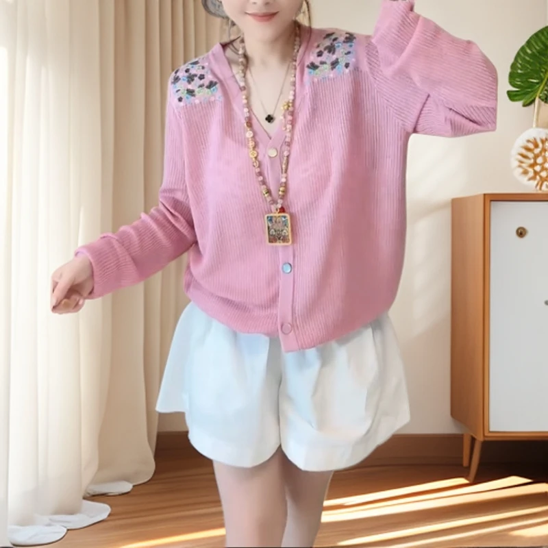 2025春秋季新款女士韩版时尚冰丝印花针织长袖开衫独特漂亮小衫