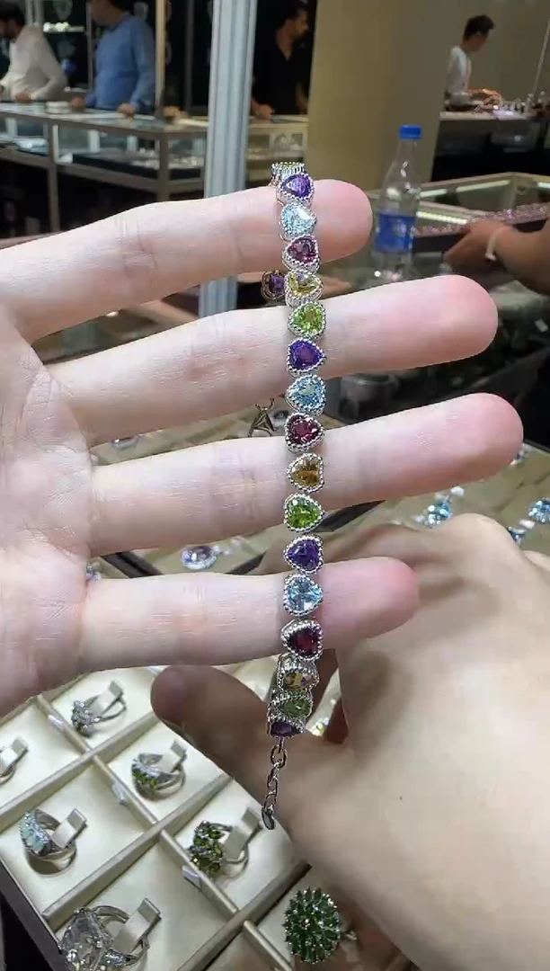 手链银S925镶嵌橄榄石多彩宝石6mm