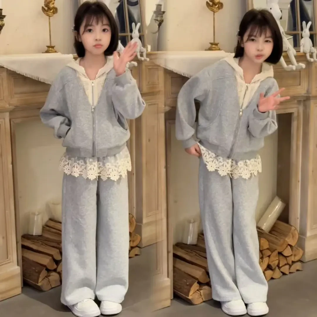 女童2025新款春秋运动套装洋气时尚蕾丝帽韩版针织宽松连帽两件套