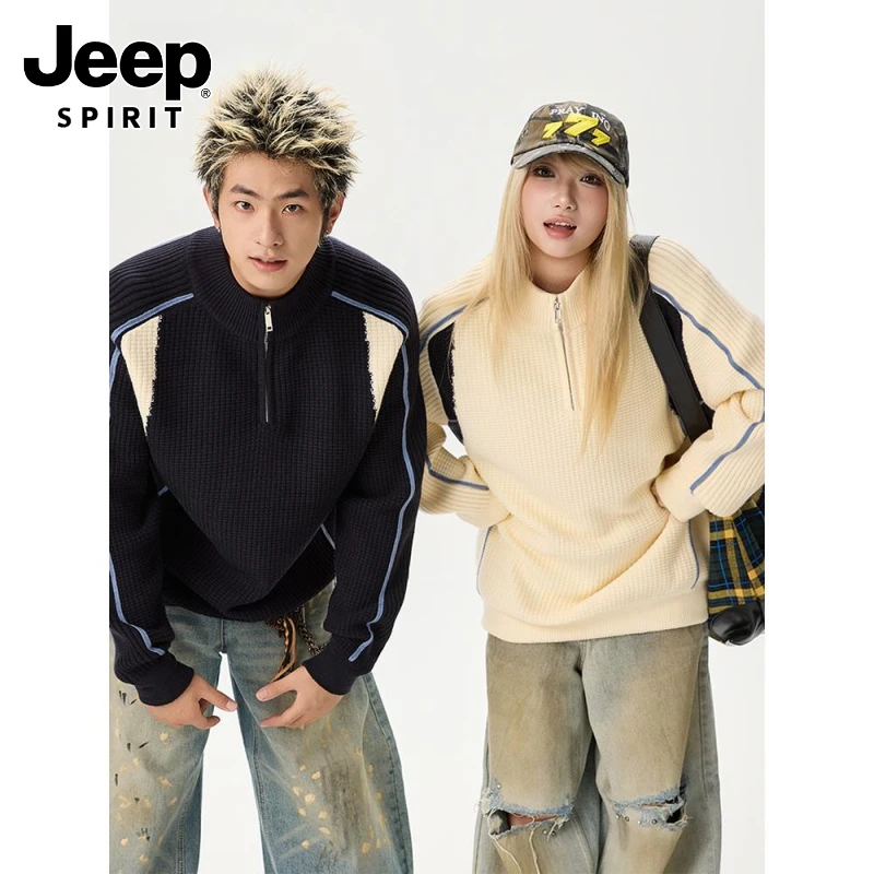 JEEPSPIRIT吉普美式条纹撞色拼接半拉链毛衣男女宽松休闲慵懒情侣