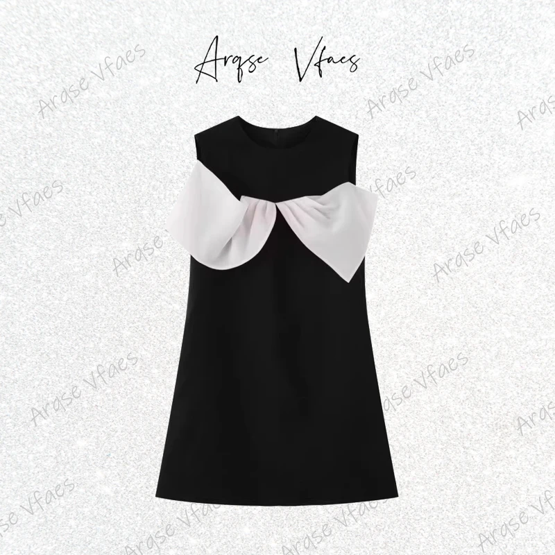 艾家同款2025夏季气质中长款拼接蝴蝶结无袖连衣裙女40429017