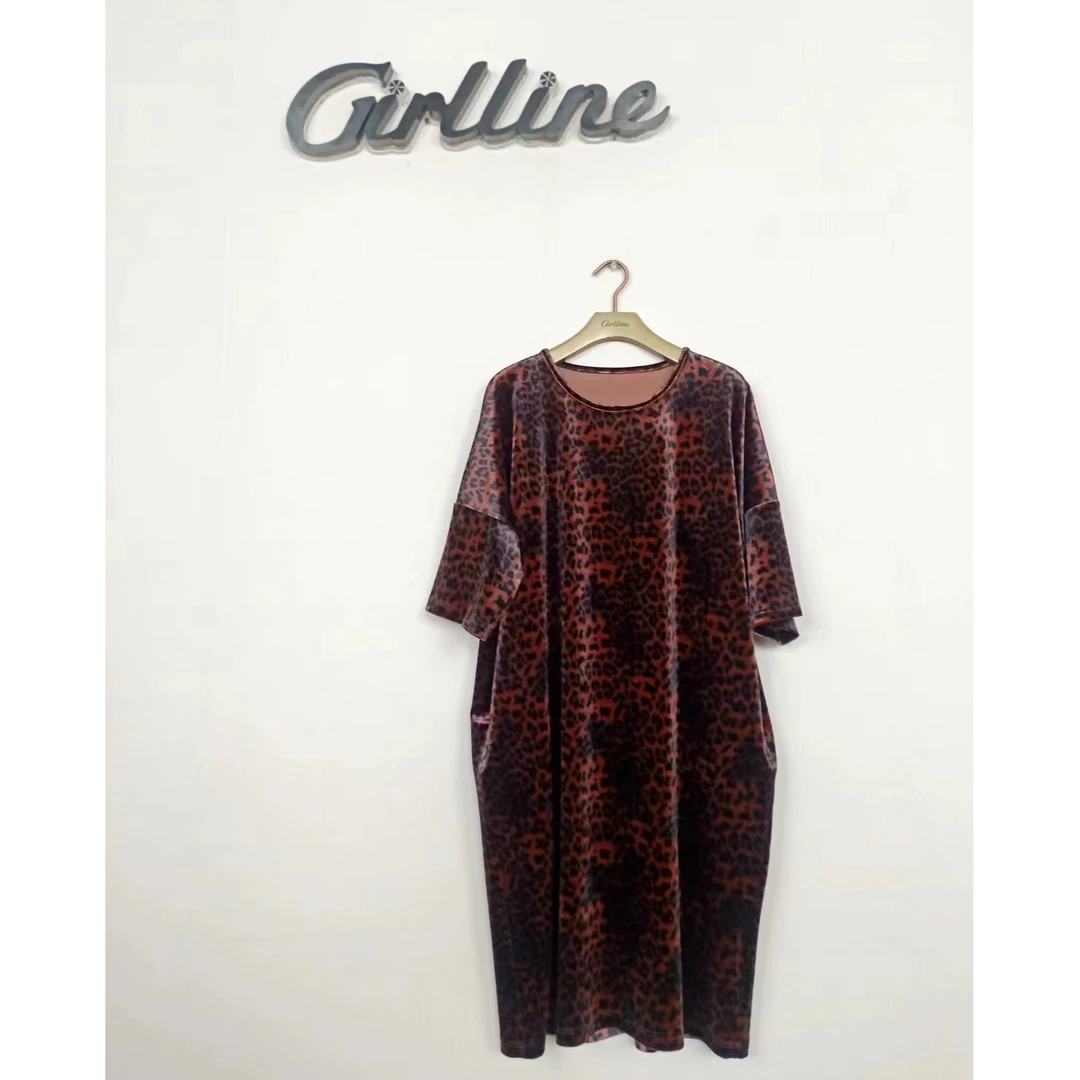 新款时尚丝绒印花豹纹红色夏季气质显瘦连衣裙圆领休闲中长款宽松