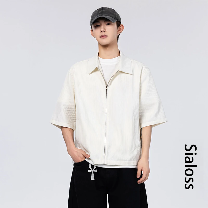 SiaLoss短袖衬衫男款夏季2025新款拉链翻领宽松潮流百搭休闲T恤衫