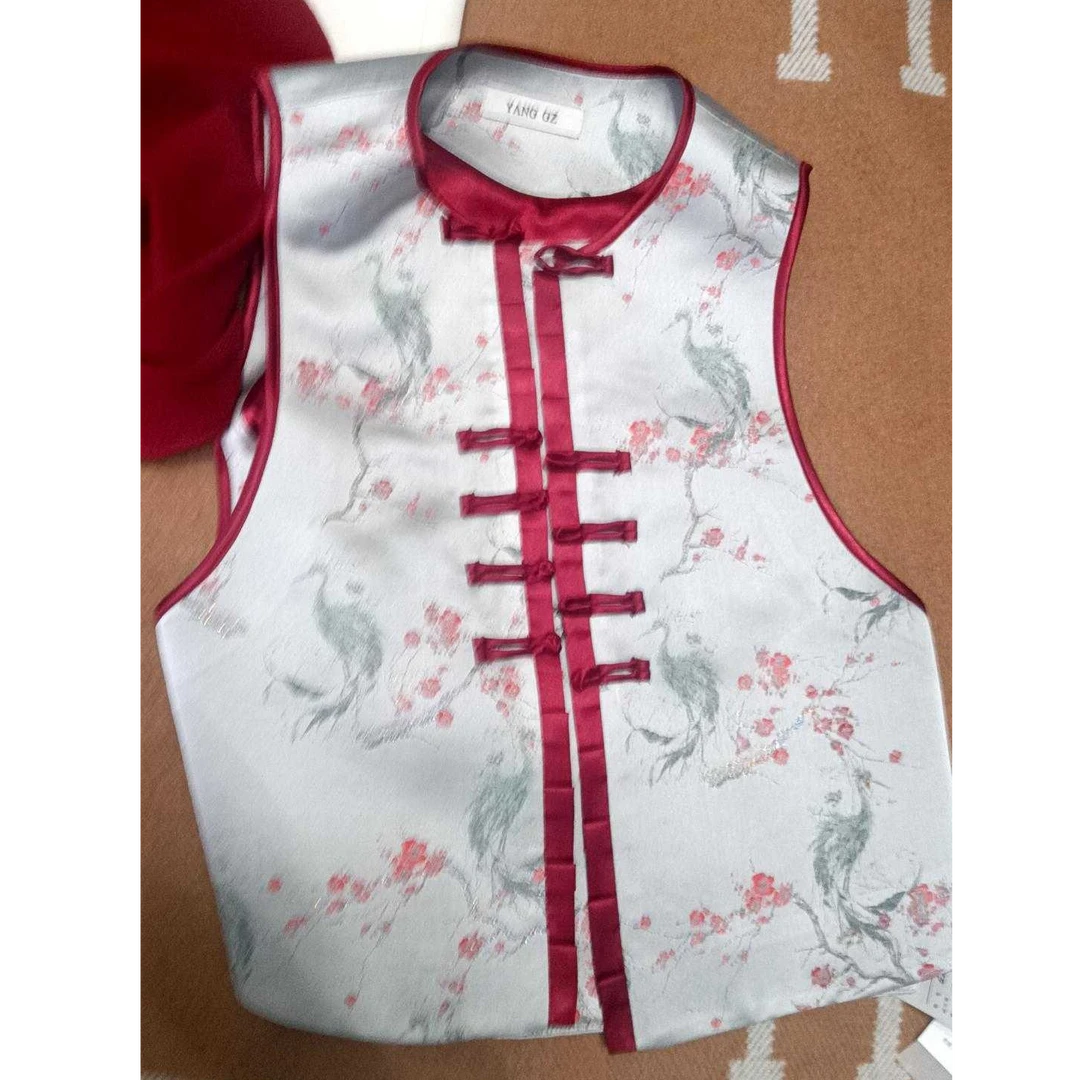YANG GZ清【朱雀云罗】新中式国风朱雀红梅提花织锦棉马甲女GZQ023