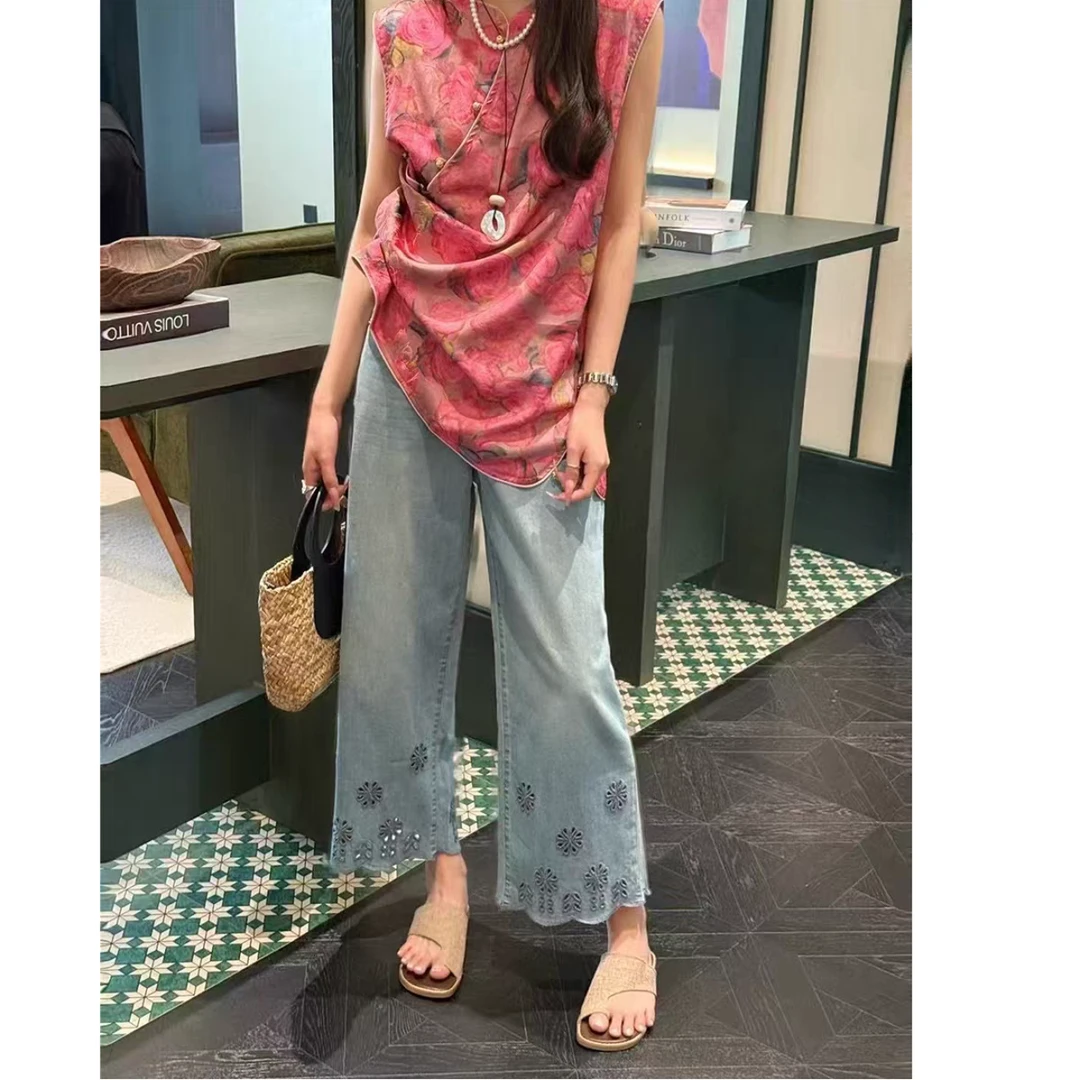 刺绣花边镂空高级感九分牛仔裤女2025新款夏季轻薄韩版高腰九分裤