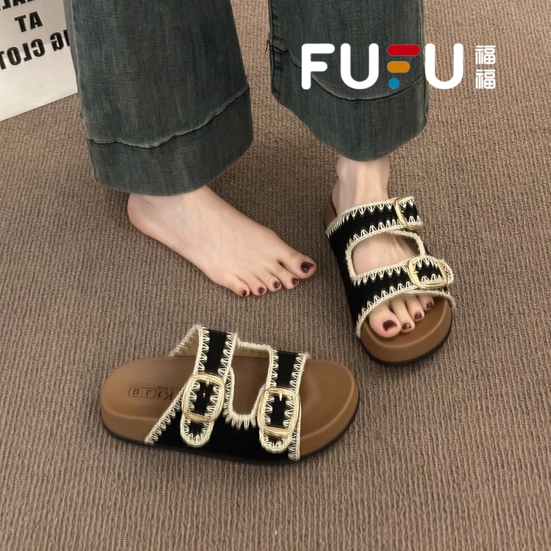 福福厚底勃肯鞋凉拖鞋女夏季外穿2025年新款沙滩一字拖高级感凉鞋