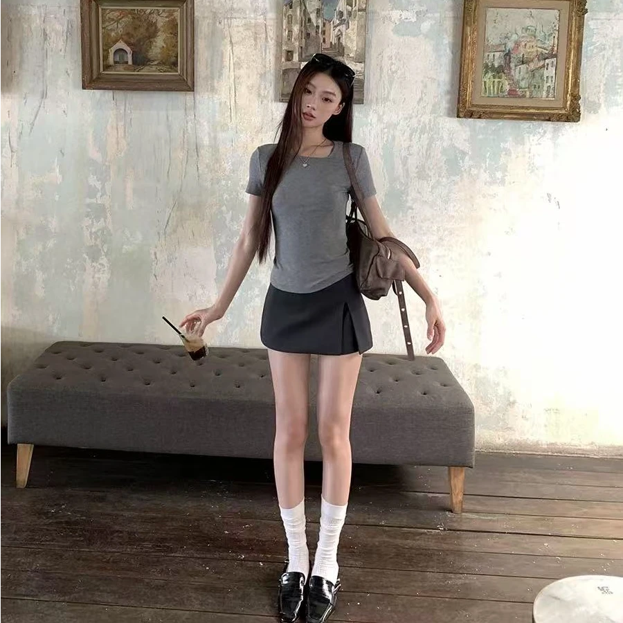 侧开叉灰色半身裙女2025春夏高腰显瘦防走光A字包臀短裙西装裤裙