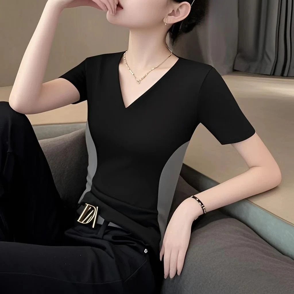 2025年夏季新款V领个性短袖T恤百搭撞色气质通勤修身显瘦正肩上衣