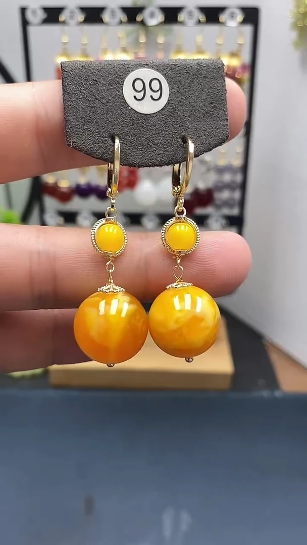 银S925镀金镶嵌蜜蜡耳饰尺寸16mm耳扣D1