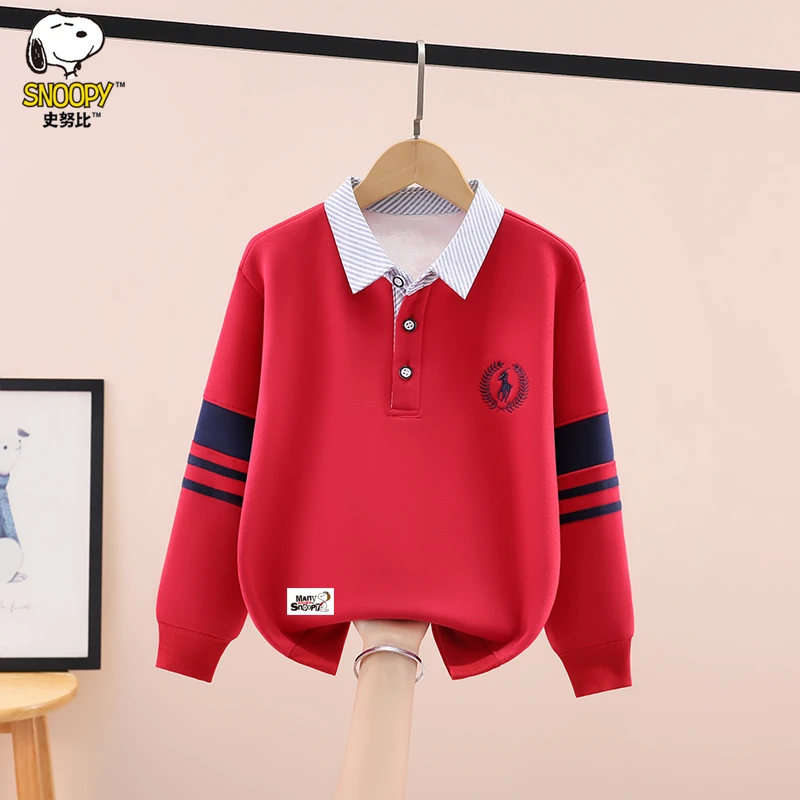 史努比男童加绒卫衣秋冬2025新款洋气中儿大童男孩翻领保暖打底衫