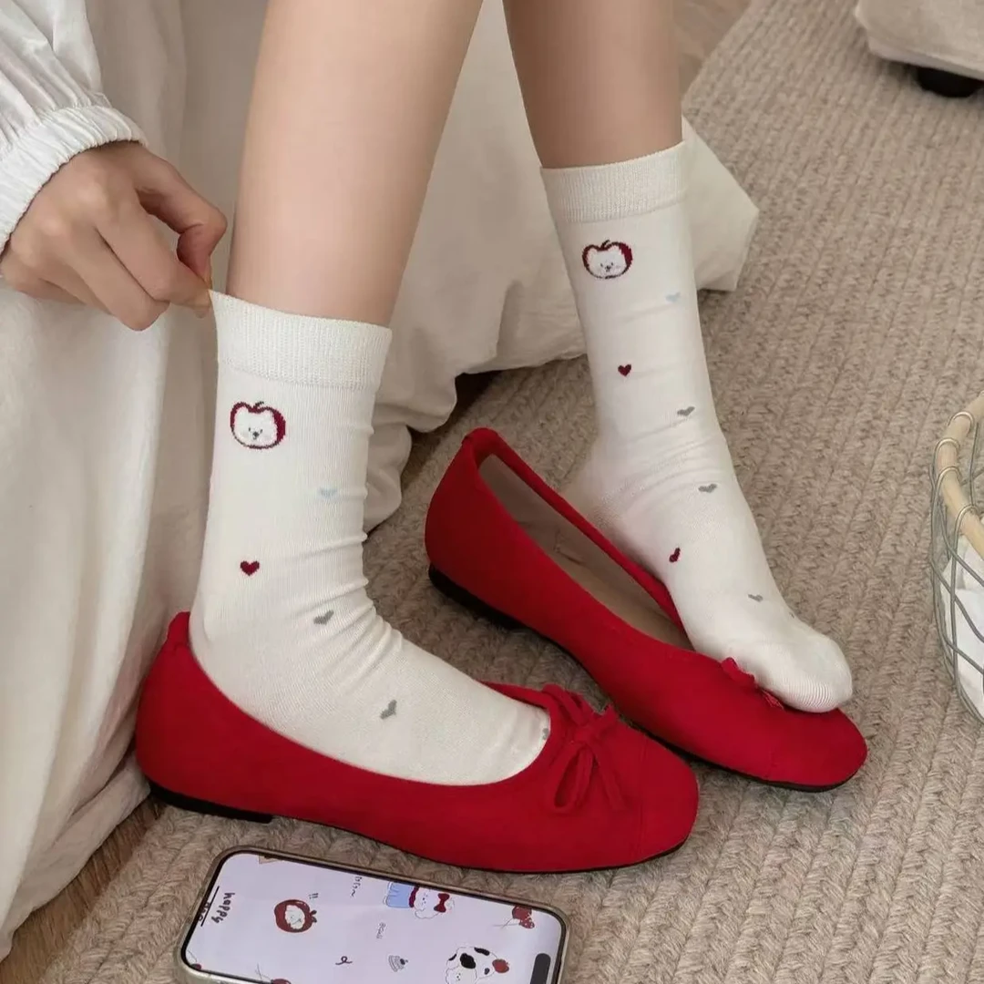 白色小狗图案中筒女袜春夏季百搭薄款透气可爱卡通日系风少女公主