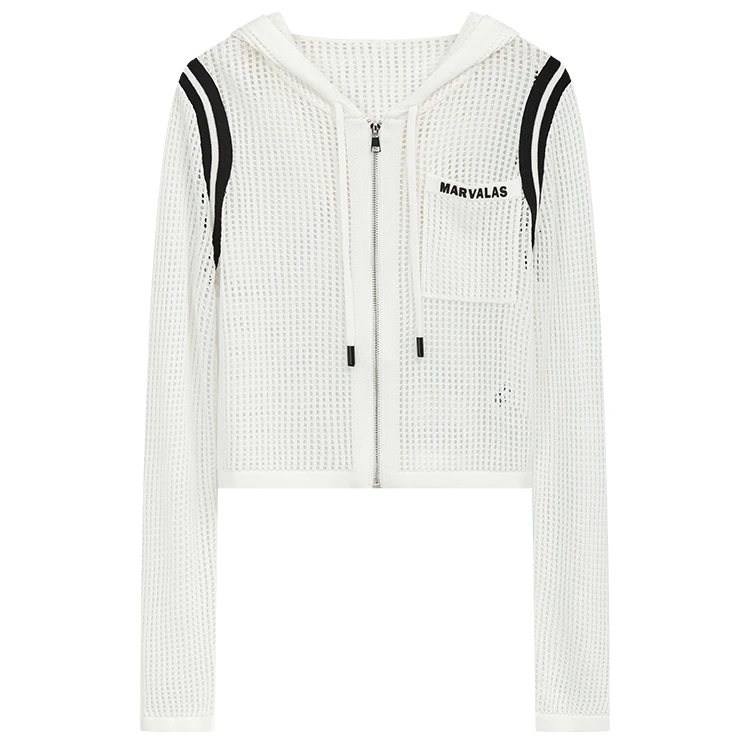 【籽言专属】曼德诗醋酸开衫夏季新款网孔撞色连帽针织衫M731310085