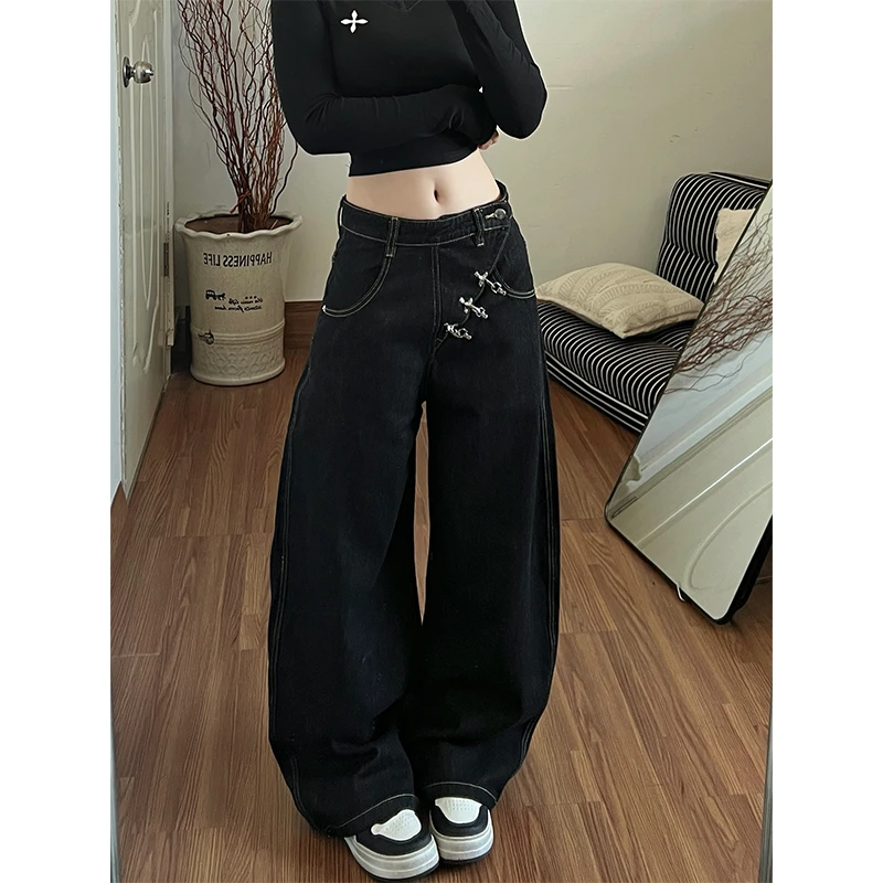 美式复古设计感斜门襟飞机扣牛仔裤子女辣妹宽松bf慵懒风拖地长裤