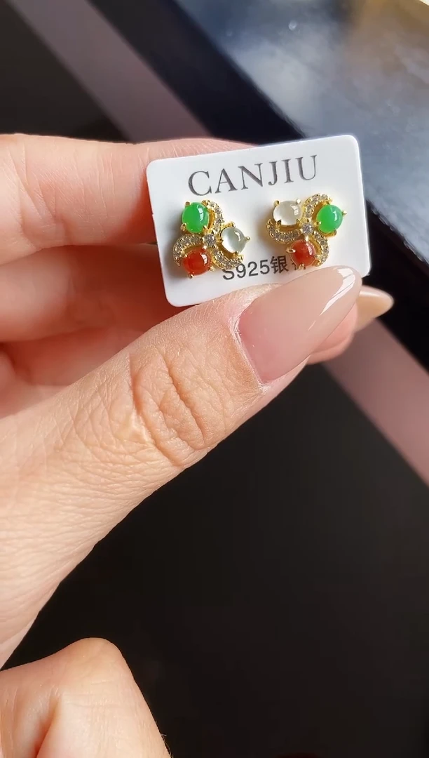 银S925镶嵌翡翠耳饰12