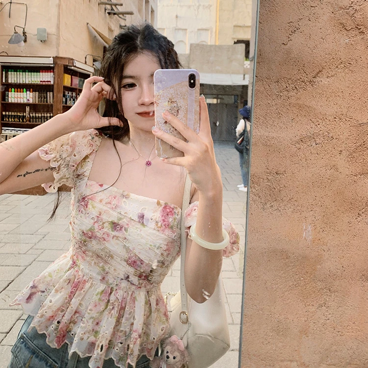 渔小平【洛神】复古碎花显瘦短款衬衣方领一字肩甜美法式夏季上衣女