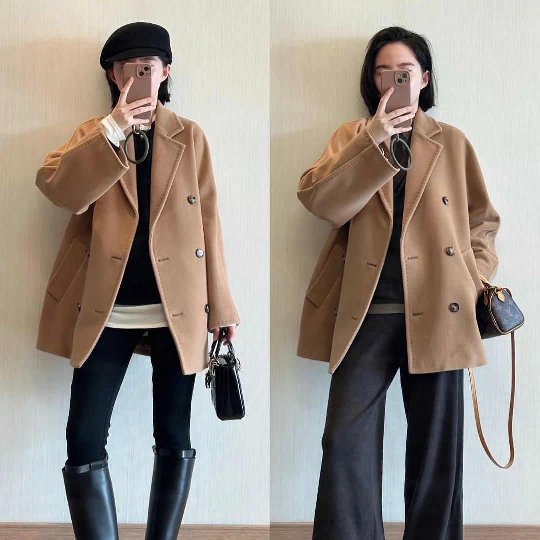 未使用 MaxMara Rebus系列FW25新批次纯色短款双排扣长袖大衣外套