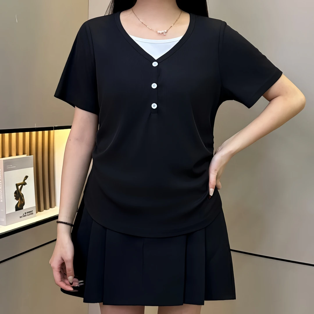 胖MM涅槃 D25003现货高级感正肩T恤女夏季修身收腰显瘦V领上衣