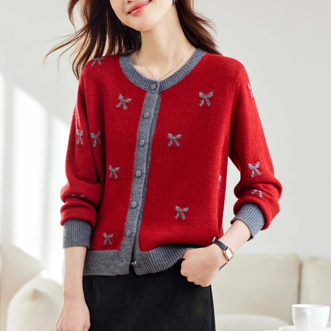 蝴蝶结提花拼色针织开衫女2025新款春秋季外搭超好看短款毛衣外套