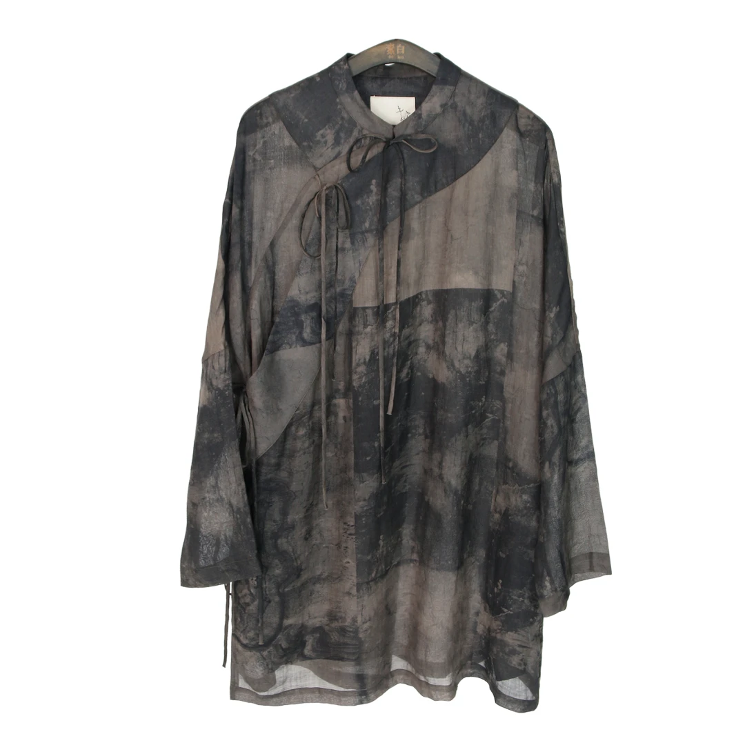 SB3230290406素白夏季宽松时尚百搭中长款苎麻印花衬衫长袖上衣