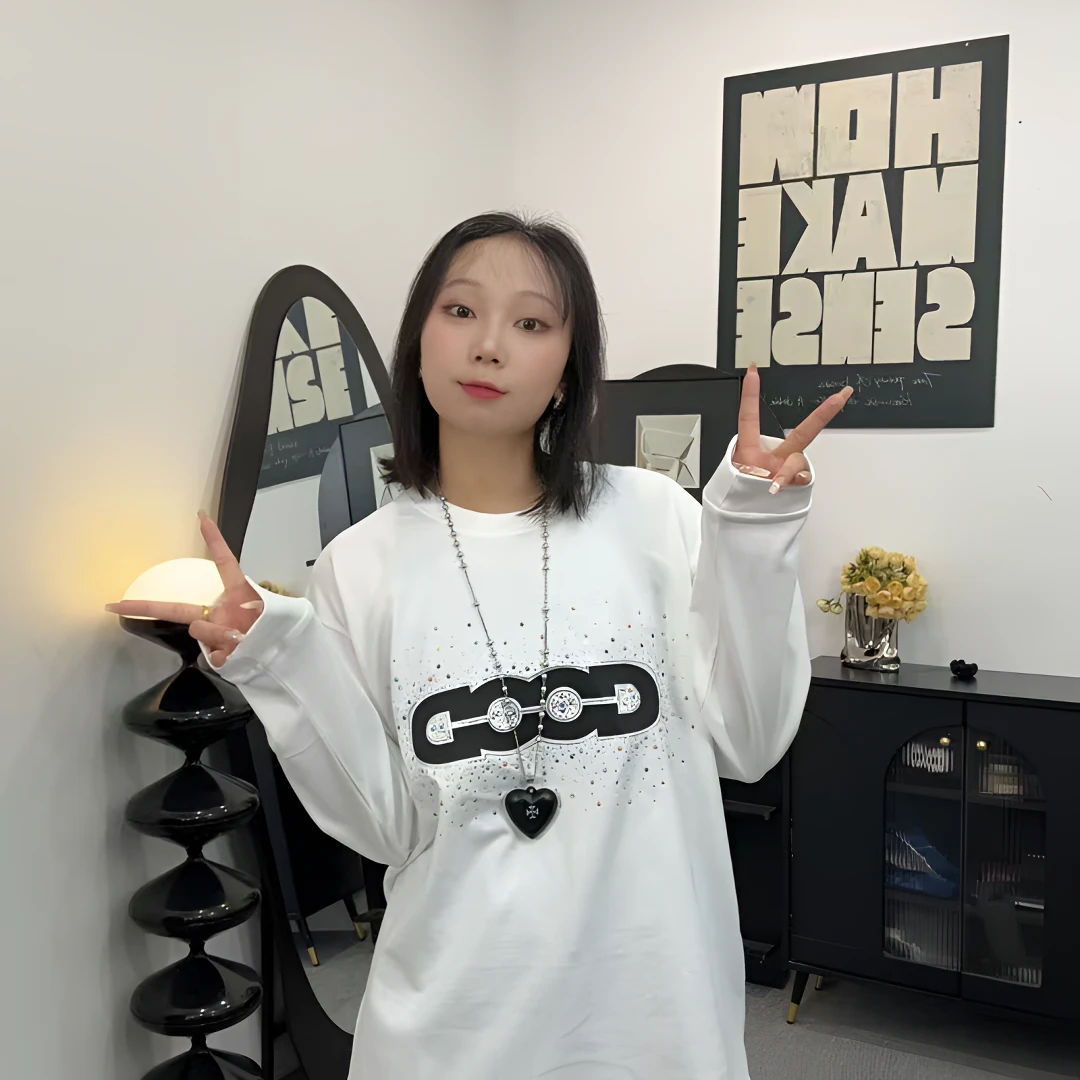 LLZ347彩钻good烫钻印花圆领保暖厚款长袖秋季加绒套头韩版秋冬