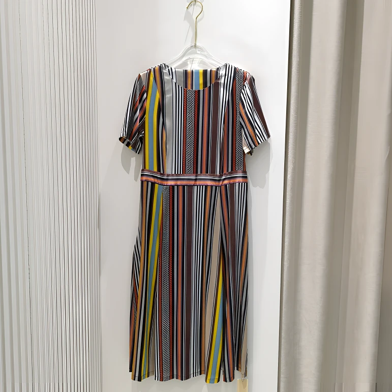 桑蚕丝缎面短袖连衣裙女真丝条纹宽松显瘦中长连衣裙2247