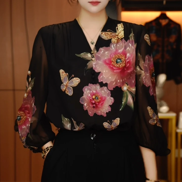 Y250192- 新款琉璃双皱丝洋气时尚百搭休闲气质女士印花小衫显瘦