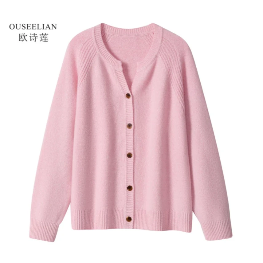 【欧诗莲】约430克新款秋冬女士圆领百搭长袖100%山羊绒开衫女9803