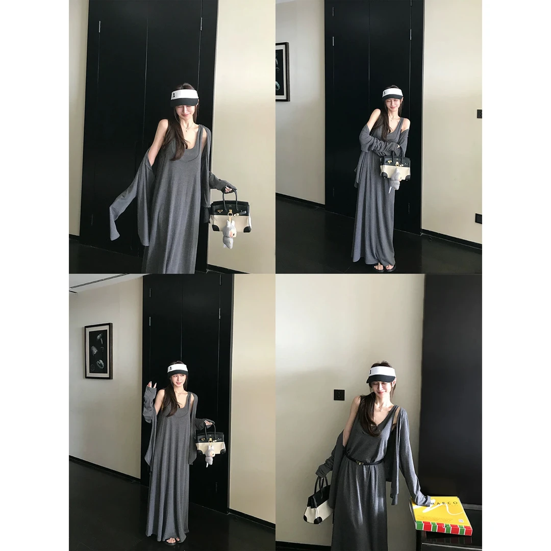 “soft慵懒纸片人”仿亚麻长裙开衫套装纯欲慵懒风女装C 9158