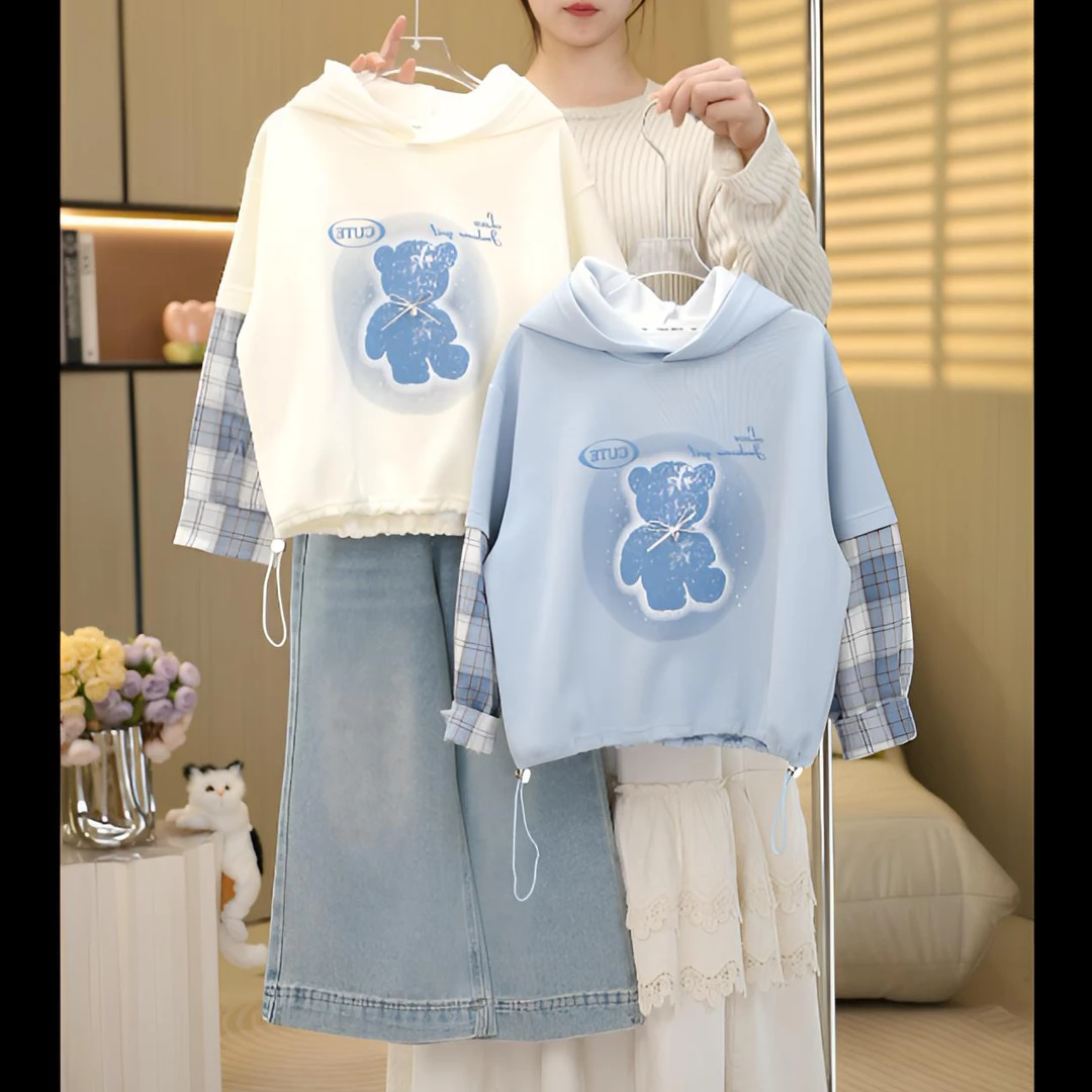 女童渐变熊卫衣套装春秋2025新款儿童假两件洋气时髦牛仔裤两件套