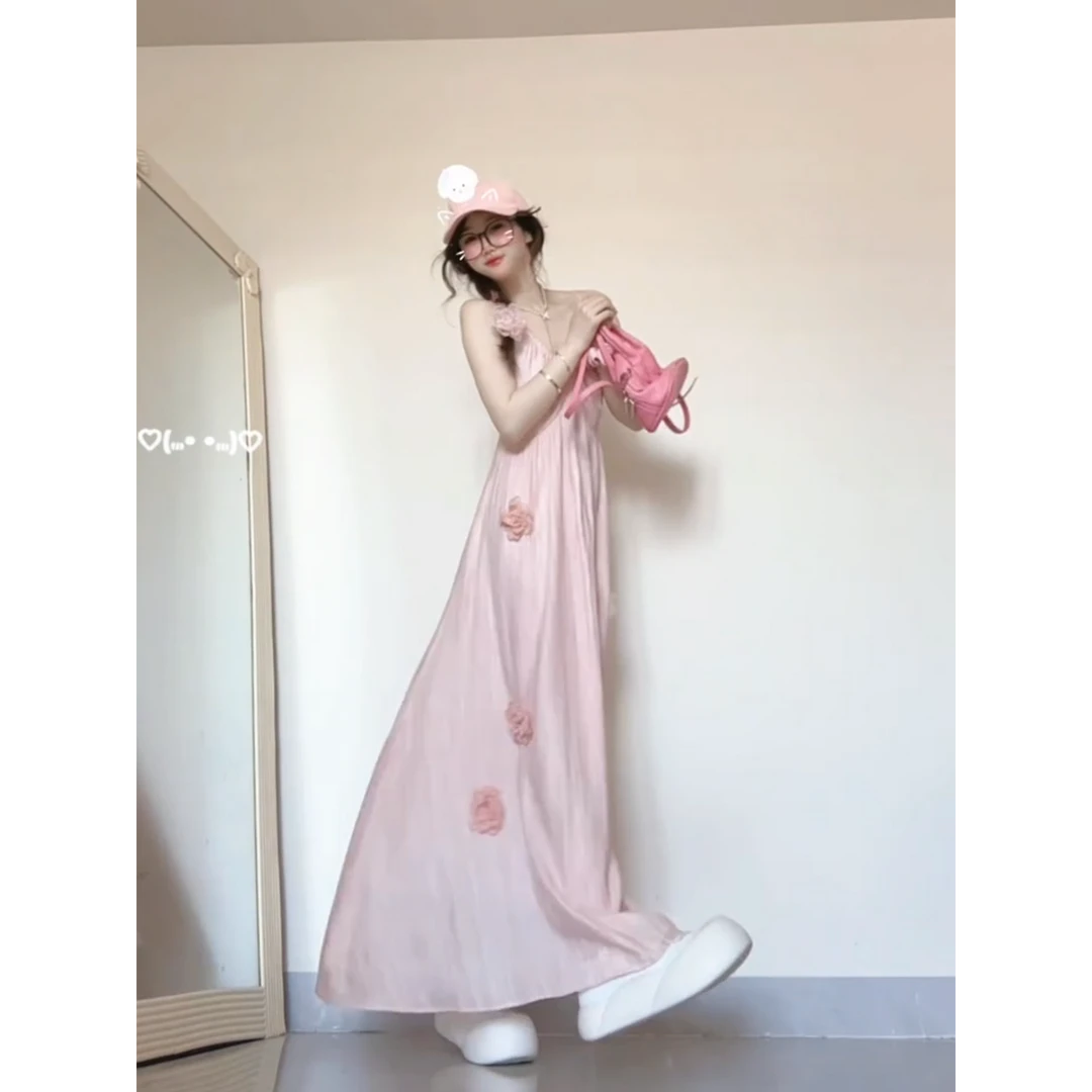 INS CEC粉色海边度假v领立体花朵吊带连衣裙女小众不撞款长裙