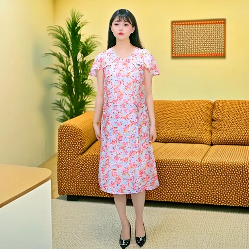 2025年夏季新款中长连衣裙薄款碎花短袖运动裙女装休闲欧若新中式