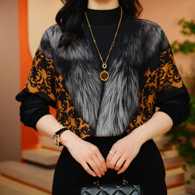 貂毛花卉-高端长袖时尚早春新款显瘦显白百搭印花圆领上衣