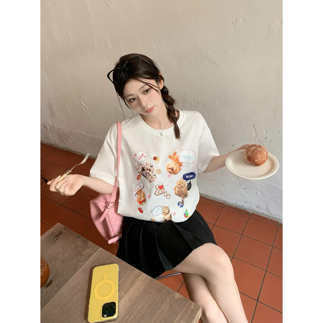 我是你的cc阿 夏至未至~胖mm小猫咪印花上衣宽松显瘦短袖女t恤夏