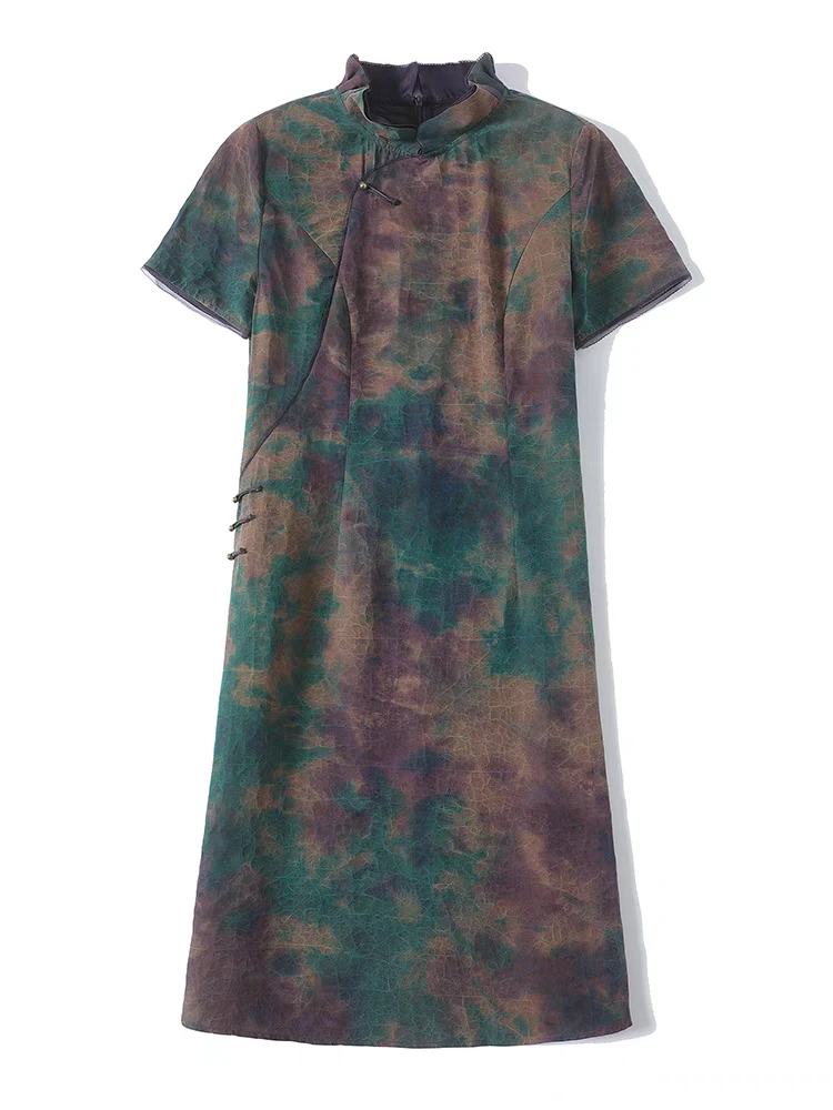 扎染龟裂纹香云纱新中式花苞领旗袍中长款气质夏季优雅23057