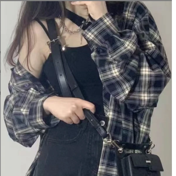 2025百搭格子衬衫女秋季复古宽松显瘦外套女装气质穿搭A15