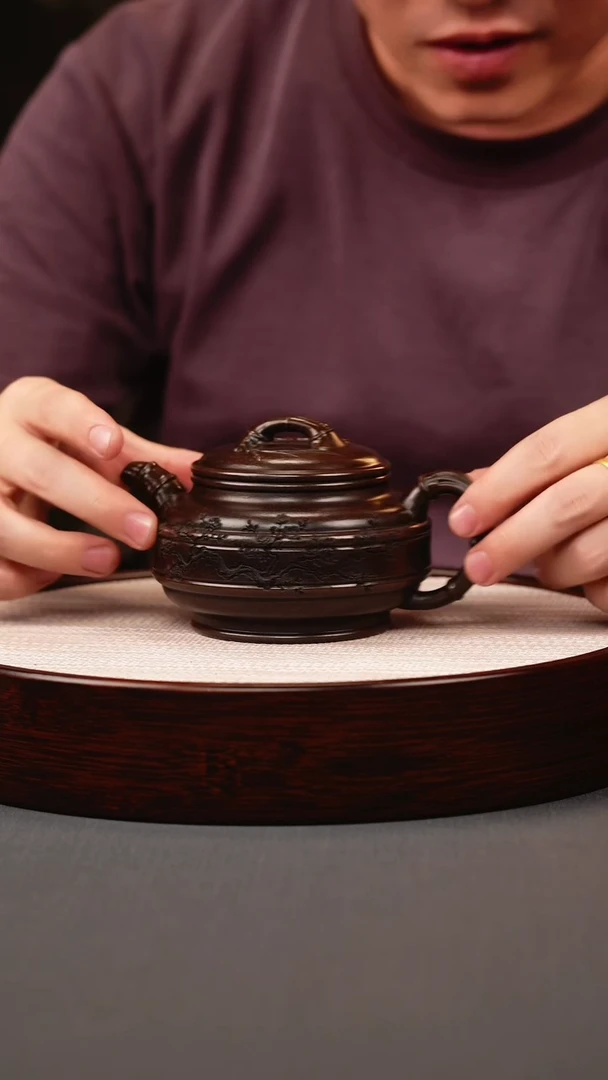 茶壶紫砂龙背青梅花双线竹鼓