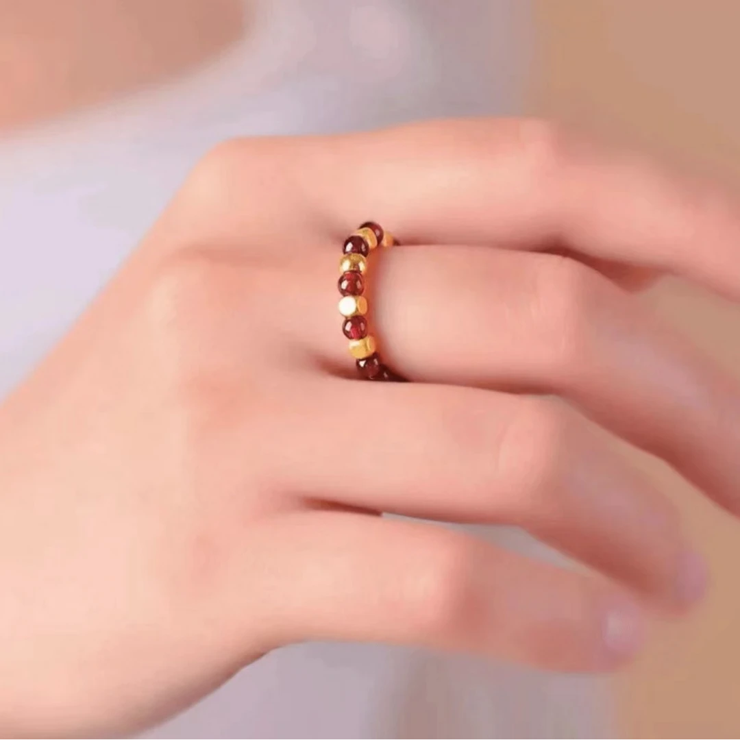 【黄金补贴】足金石榴石卡四圆珠戒指