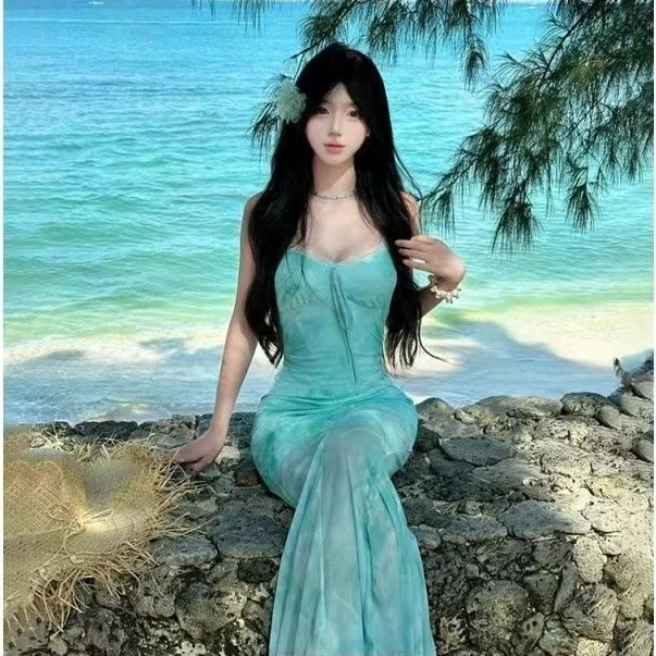 夏季纯欲风名媛修身包臀鱼尾长裙新款气质辣妹风胸垫蕾丝连衣裙女