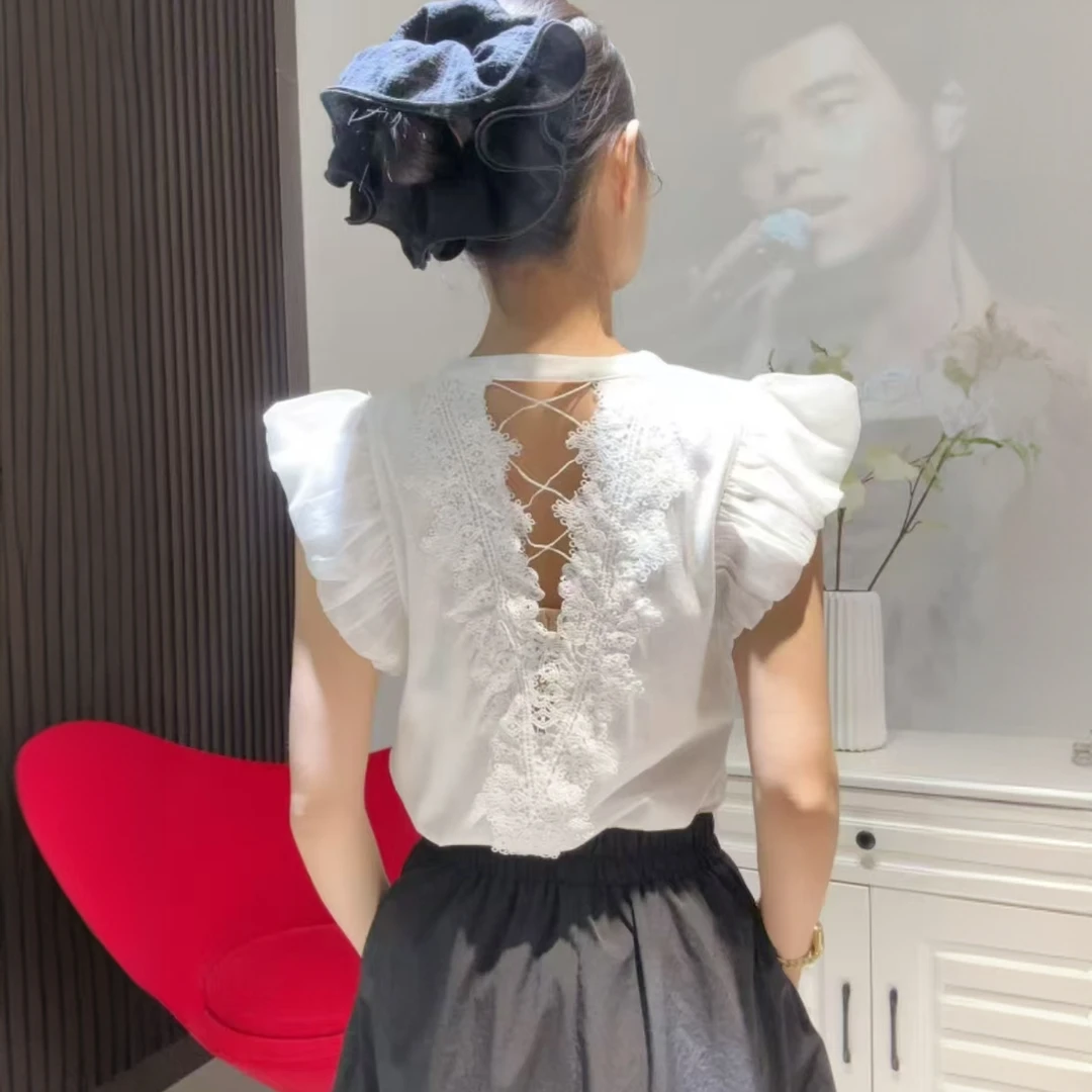 韩版镂空钩花美背菲菲边气质洋气半袖6211