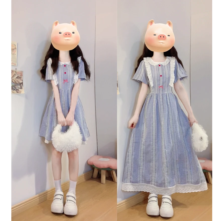 大码夏季短袖微胖学院风蓝色格子娃娃领上衣短款裙裤两件套